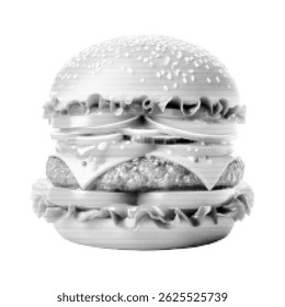 Burger stylized with dotted texture, black and white graphic design, vintage comics style, isolated on white background, retro fast food icon, minimalist pop art composition.