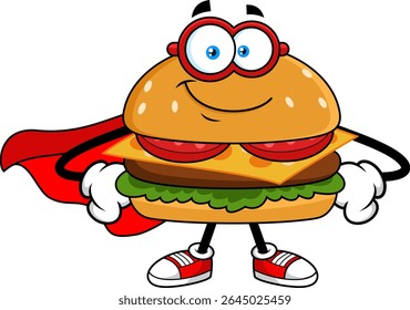 Burger Superhero Cartoon Character with Mask and Cape – Vector Hand Drawn Illustration Isolated On Transparent Background