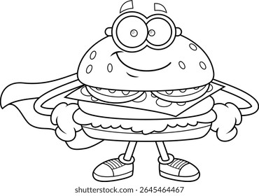 Burger Superhero Cartoon Character with Mask and Cape – Black and White Vector Hand Drawn Illustration Isolated On Transparent Background