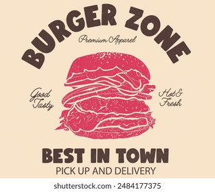Burger t shirt design. Hand drawn lettering for design t shirt, poster, holiday card,  menu cafe . Delicious fast food artwork. Vintage food artwork.