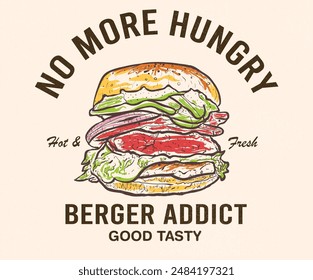 Burger t shirt design. Hand drawn burger design. Delicious fast food artwork. Vintage food artwork.