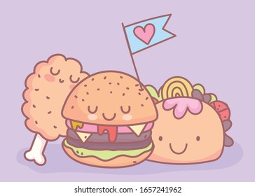 burger taco chicken leg character menu restaurant food cute vector illustration