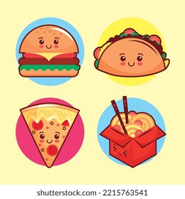 burger with taco with pizza and ramen food kawaii set . vector illustration