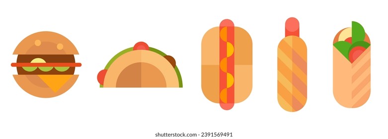 Burger, tacos, hot dog, shawarma in bright geometric style. Set fast food product or junk cuisine. Donut, cake. Minimalistic modern design. Cartoon flat vector illustration.