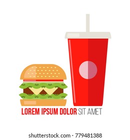 Burger and take away cup flat design, fast food icon vector