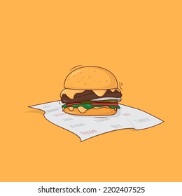 Burger-Vorlage im Cartoon-Design mit Umhüllungspapier auf gelbem Hintergrund