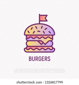 Burger thin line icon. Fast food. Modern vector illustration of hamburger for logo.