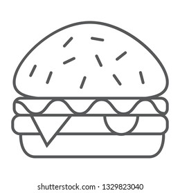 Burger thin line icon, food and meal, hamburger sign, vector graphics, a linear pattern on a white background, eps 10.
