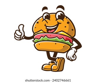 Burger with thumbs up cartoon mascot illustration character vector clip art