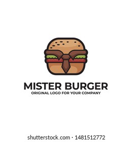 Burger and tie logo design can be used as symbols, brand identity, company logo, icons, or others. Food logo inspiration. Color and text can be changed according to your need.