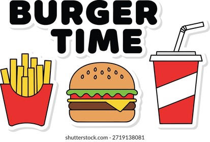 Burger time combo meal vector illustration with fries and soda for fast food menus.