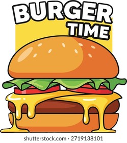 Etiqueta engomada del texto del tiempo de la hamburguesa con la ilustración de la hamburguesa del queso para los diseños del menú de la comida rápida.