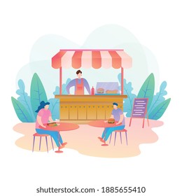 Burgerzeit, Vektorgrafik. Frohes Mann und Mädchen, das Burger im Fast-Food-Restaurant Konzept für Web-Banner, Website-Seite etc. essen!