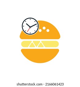 Burger time vector logo design template. Big burger with clock icon logo design.