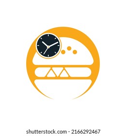 Burger time vector logo design template. Big burger with clock icon logo design.