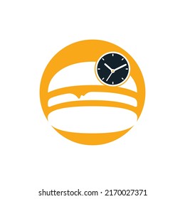 Burger time vector logo design template. Big burger with clock icon logo design.