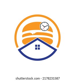 Burger time vector logo design template. Big burger with clock and house icon logo design.