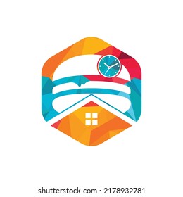 Burger time vector logo design template. Big burger with clock and house icon logo design.