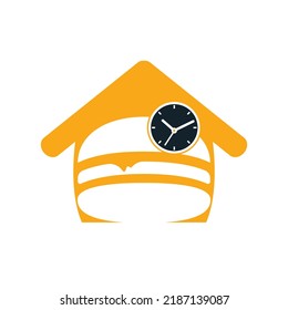 Burger time vector logo design template. Big burger with clock icon logo design.