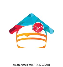Burger time vector logo design template. Big burger with clock icon logo design.