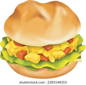 Burger with tofu, egg burger, craft burger, vegan, vegetables and tomato, oil paint, digital paint, on white background. Street food, take-away, take-out. Fast food hand drawn digital illustration.