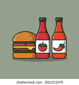 Burger mit Tomate und Chilisauce Flasche, Vektorgrafik