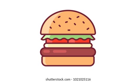Burger with tomato cutlet and greenery, flat icon illustration