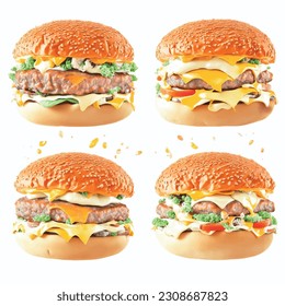 Burger tomatoes, beef, walnuts, oranges, salmon, mayonnaise, and green peas looks appetizing isolated on a white background in a 3D vector graphic for a restaurant.

