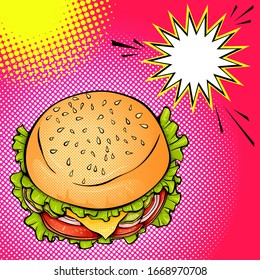 Burger top view. Vector bright color pop art illustration. Fast food poster in retro pop art style. Illustration for print