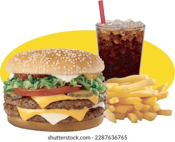 Burger with triple meat, cheddar cheese, lettuce, tomato and onions. Accompanied by a Refreshing Soda and Crispy French Fries.
