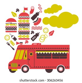 Burger truck illustration with silhouettes and symbols of food.
