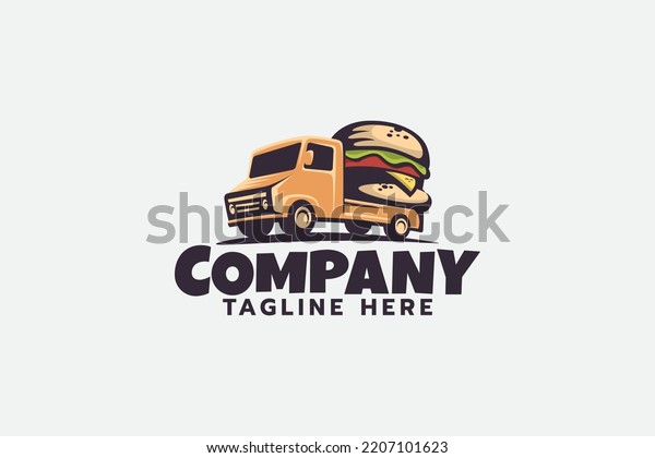 burger\
truck logo with a truck carrying a big\
burger.