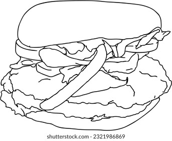 Burger with two cutlets onions and tomatoes fast food doodle linear cartoon coloring