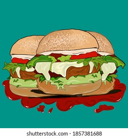 A burger is a type of bread dish that is generally round in shape and filled with several components such as a fried patty or minced meat and several other additions such as vegetables and cheese