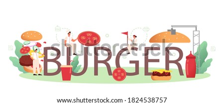 Burger typographic header. Chef cook tasty hamburger with cheese, tomato and beef between delicious bun. Fast food restaurant. Isolated flat vector illustration