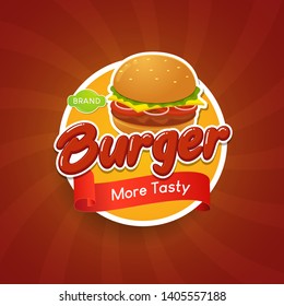 Burger typographical logo design concept for label, sticker and emblem. 
template for brand, flyers, web, posters, ad, promotions, marketing, packaging. Vector illustration