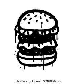 Burger in urban graffiti style isolated Black on white. Textured hand drawn Vector illustration. Street food in sprayed wall art style,