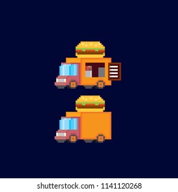 The burger van. fast food truck. Street cuisine. Street Pixel art. Old school computer graphic. 8 bit video game. Game assets 8-bit sprite.