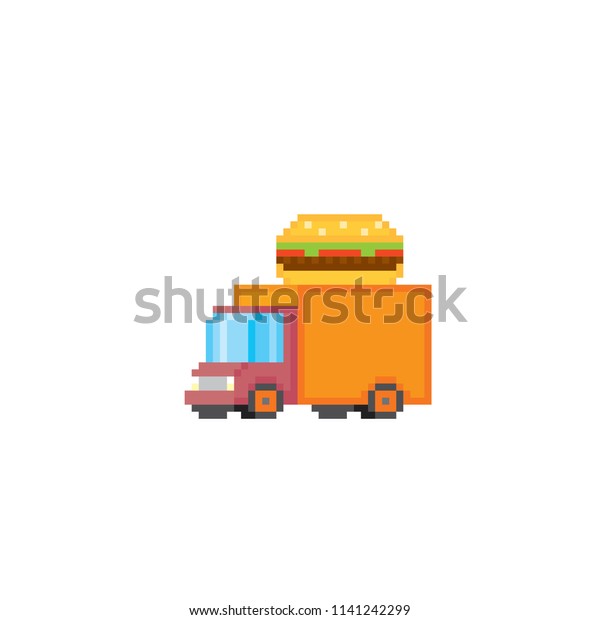 The burger van. fast food truck. Street cuisine.\
Street Pixel art. Old school computer graphic. 8 bit video game.\
Game assets 8-bit sprite.