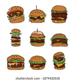 burger varieties, including hamburger, cheeseburger, bacon burger and double decker burger fast food vector illustration