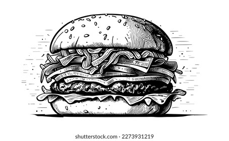 Burger vector black line illustration isolated white. Sketch art