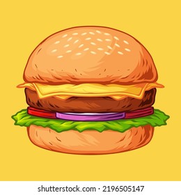 Burger Vector Cartoon Art Illustration on Isolated Yellow Background