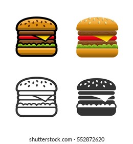 Burger vector cartoon, colored, contour and silhouette styles icon set. Tasty fast food unhealthy meal. Isolated dishes on white background.