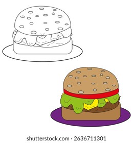 Burger vector duo. Monochrome and color. Fast food shape. Sandwich meal icon.