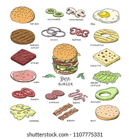 Burger vector fast food hamburger or cheeseburger constructor with ingredients meat bun tomato and cheese illustration fastdood sandwich or beefburger set isolated on white background