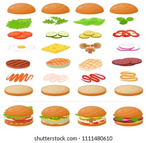 Burger vector fast food hamburger or cheeseburger constructor with ingredients meat bun tomato and cheese illustration fastdood sandwich or beefburger construction set isolated on white background