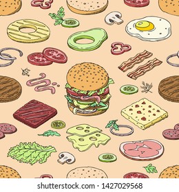 Burger vector fast food hamburger or cheeseburger constructor with ingredients meat bun tomato and cheese illustration fastdood sandwich or beefburger background