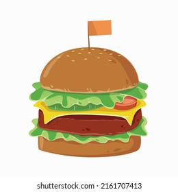 Burger vector flat design illustration. Delicious burger with meat and cheese with the addition of a flag icon on the bun