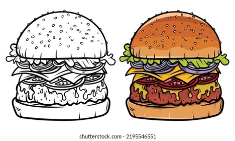 Burger Vector, Hamburger hand drawn vector illustration, Isolated on white background, Chicken burger cartoon, Fast food, Fast Food, Menu concept, Pop art style, Retro, Hot burger hamburger,