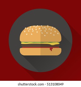Burger vector hamburger icon or cheeseburger. Fast food icon flat with long shadow